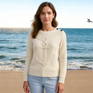 Women’s Talbots Anchor Cotton Sweater, Petite M, Off White
